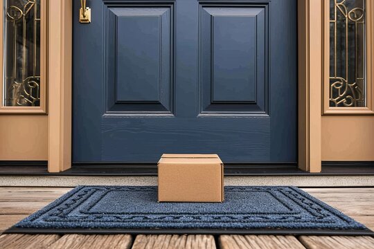 Online shopping delivery service concept  cardboard parcel box delivered near front door