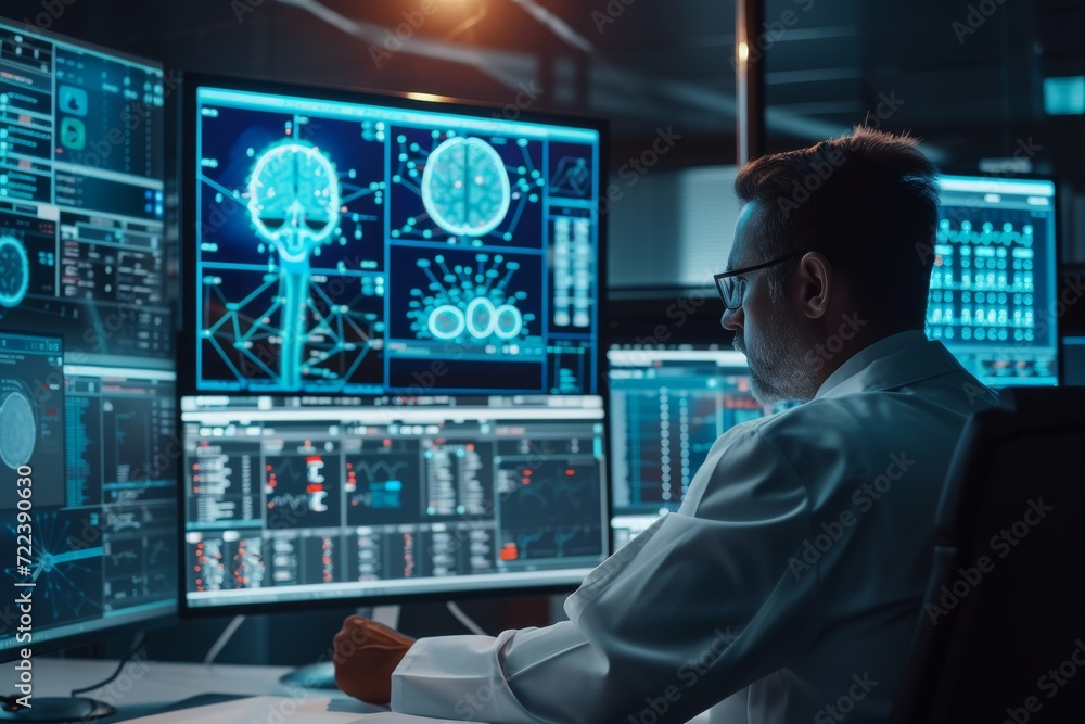 Aufkleber scientist analyzing neurological data on computer screens. brain research and science concept. medic