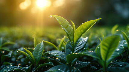 Green tea plantation at sunrise time,nature background. - obrazy, fototapety, plakaty