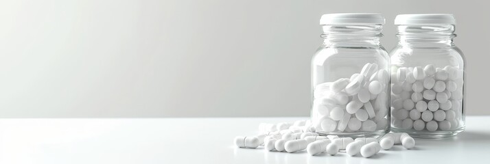 White pills in transparent bottles with copy space. Pharmacy and medicine concept. Minimalistic composition with copy space. Design for banner, header
