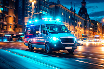 Fototapeta premium Ambulance in motion at night with blurred city lights. Emergency medical services and medicine concept. Design for banner, advertising