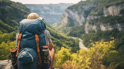 Hiker with backpack enjoying panoramic view of a lush valley