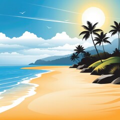 Fototapeta na wymiar illustration of tropical beach with palms, sea and blue sky. Generative AI