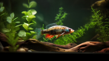 Underwater Elegance: Apistogramma Cichlid in a Lush Aquascape AI-Generative