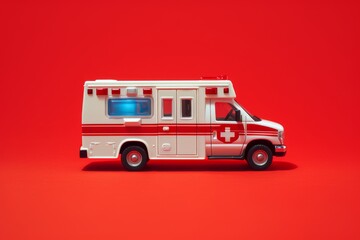 Toy ambulance on a red background. Emergency services and healthcare concept. Minimalistic composition with copy space. Design for banner, poster