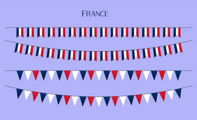 France flags bunting, garland, streamer vector set. Flat decorative party banners in style of French flags