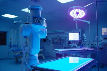 Surgical robotic arm in a modern operating room with blue lighting. Futuristic robot and automation concept. Advanced medical equipment. Design for banner, poster with copy space