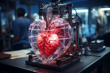 Medicine 3d printer striking artificial human heart model within laboratory setting, symbolizing medical innovation