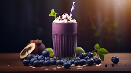 Refreshing Acai Smoothie with Blueberries and Bananas, Served with an Intricate Straw on a Desk - Generative AI Stock Image