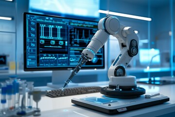 Industrial robotic arm performing tasks on a control panel. Futuristic robotic and automation concept. Modern laboratory setting. High-tech robot. Science and research