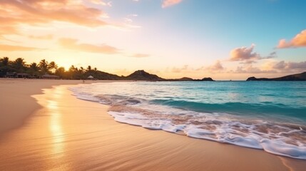 Fototapeta premium Relaxing Caribbean Sunset with Vintage Car on Antigua Beach