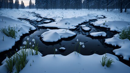 A spring landscape with the first snowdrops on a clearing in the forest during snowmelt