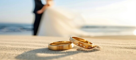 Bride walking on sandy beach with wedding bands in sand, romantic seaside scene with copy space.