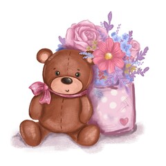 Watercolor bear. Cute teddy bear drawing with flowers bouquet. Hand painted illustration isolated on white background. Greeting card, poster, print, invitation. Happy birthday, baby shower, Valentine’