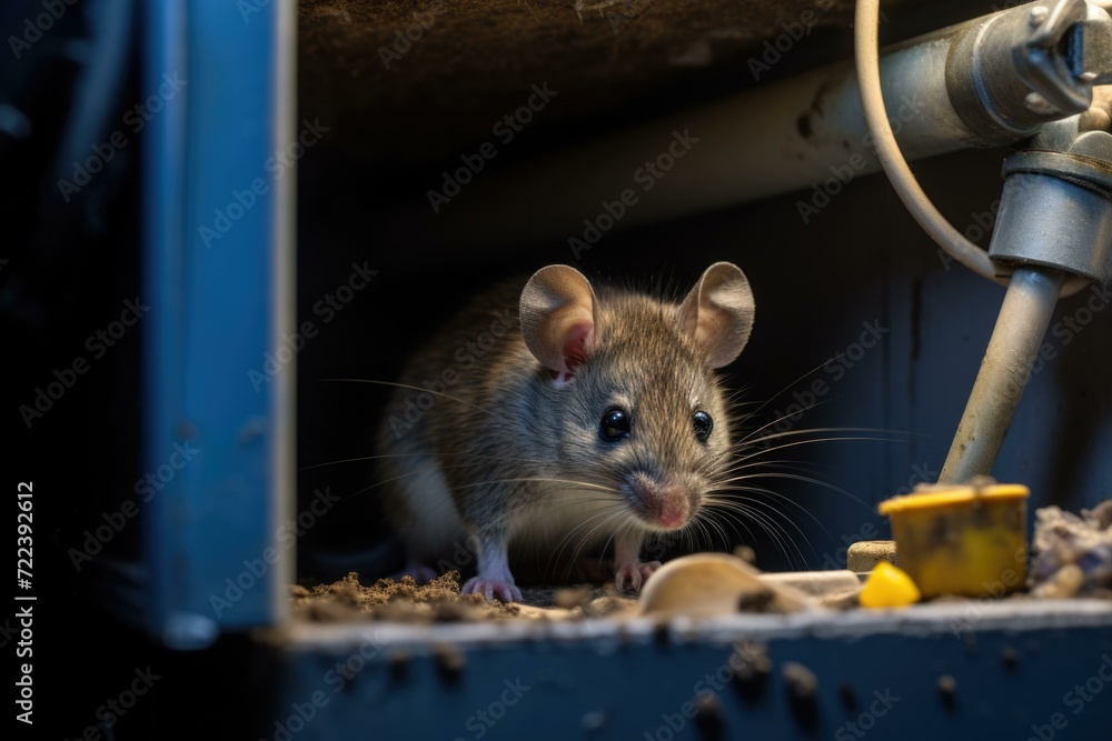 Poster a cute mouse curiously sits in a box with a pipe. generative ai.