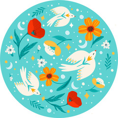 Round illustration with birds and flowers.