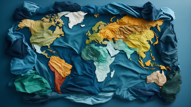 Concept problem of conscious consumption of clothing, people pollute environment of Earth with textiles. Disposable clothing lying in heap.