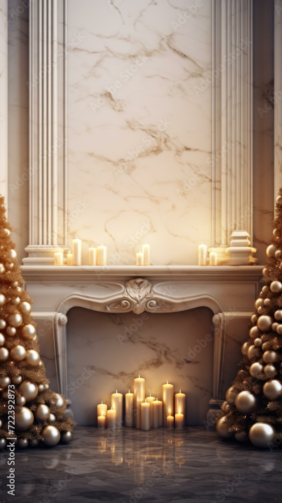 Poster Christmas fireplace with candles and golden trees. Generative AI.