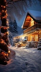 A charming log cabin covered in snow, illuminated by Christmas lights. A cozy and picturesque scene on a winter night. Generative AI.