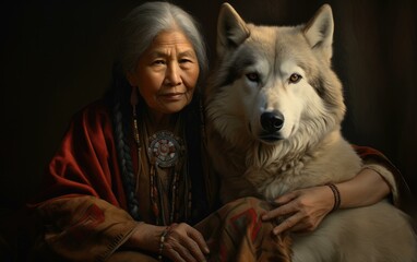 A wise Native American grandmother shares a special bond with her loyal white  companion. Generative AI.