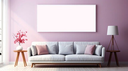 Mockup Poster Frame in Modern minimal living room with a sleek light grey couch and a pink accent wall, Mockup