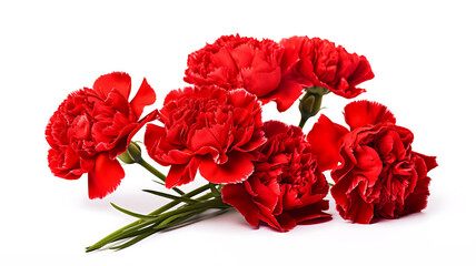 An assorted red carnation flowers isolated on white background