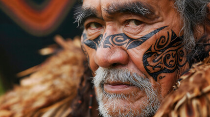 Maori man with traditional moko facial tattoos gazes intently, showcasing his cultural identity.
