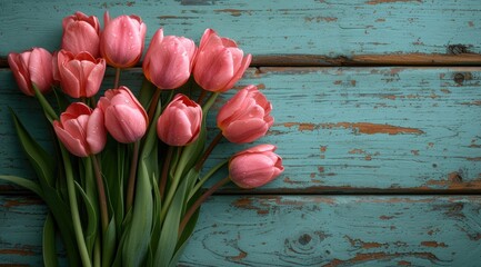 a bouquet of pink tulips on a sea green board, in the style of dark red and azure, vintage, decorative backgrounds, matte background, texture-rich canvases, flickr