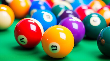 Colorful billiard balls arranged on a table in a pool hall or bar, ready for an exciting game.