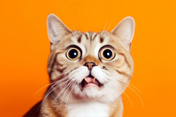 Funny surprised cat isolated on bright orange background. Studio portrait of a cat with amazed face. - obrazy, fototapety, plakaty