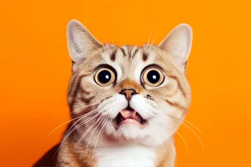 Foto op Canvas Funny surprised cat isolated on bright orange background. Studio portrait of a cat with amazed face. © ita_tinta_