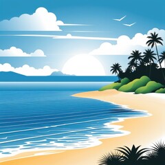 Illustration of tropical beach with palms, sea and blue sky. Generative AI