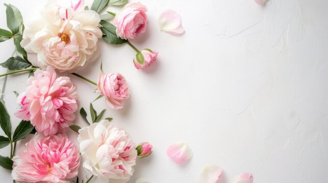 Pink and beige pions flowers on the edge of the frame with copy space. Women's Day and Mother's Day concept. 