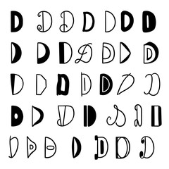 Set of letters D in different styles. Hand drawn lettering. Isolated on white background.