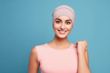 Vibrant young woman in pink tank top and headscarf, her smile exuding health and happiness. Muslim Iran girl happy life.