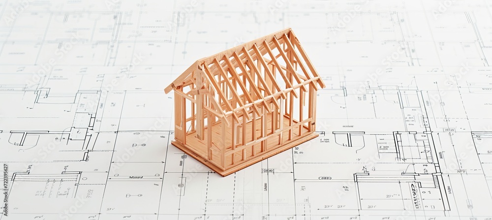 Poster under construction wooden frame house model on blueprints with copy space for text placement