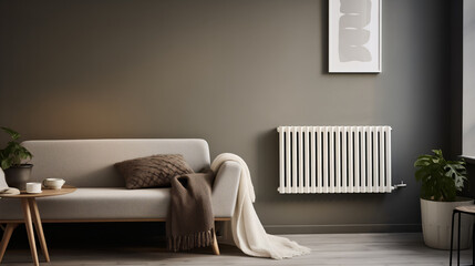 Minimalistic wall-mounted radiator for warmth integrated into interior Cozy skandy living room with sleek black sofa and clean white walls adorned with plants.