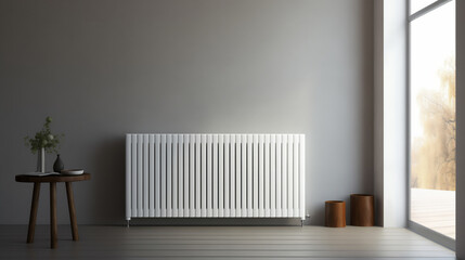 Minimalistic wall-mounted radiator for warmth integrated into interior Cozy skandy living room with sleek black sofa and clean white walls adorned with plants.