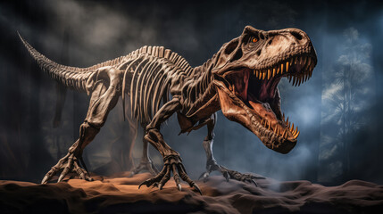 Fototapeta na wymiar Fierce T-Rex skeleton on display, evoking prehistoric times in dramatic museum exhibit.