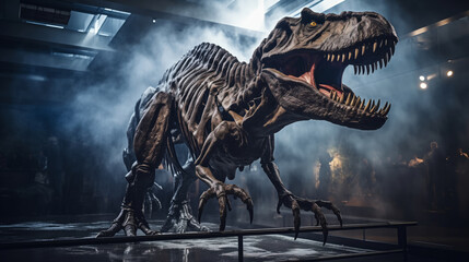 Fierce T-Rex skeleton on display, evoking prehistoric times in dramatic museum exhibit.