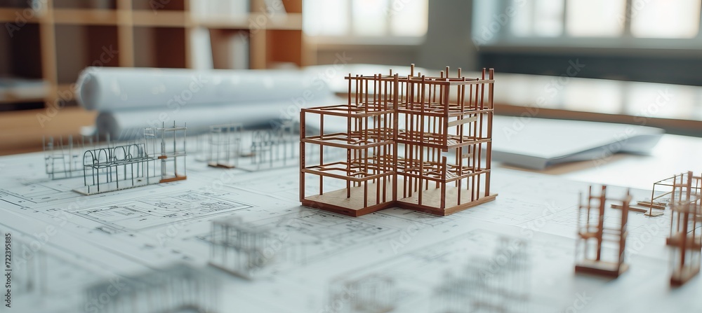 Poster wooden frame house model under construction on blueprints building project with text space