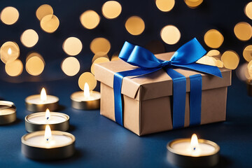 Fototapeta na wymiar Gift box with a blue bow, with glowing garlands.