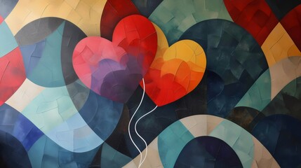 Colorful Heart Balloons Mural on Geometric Background