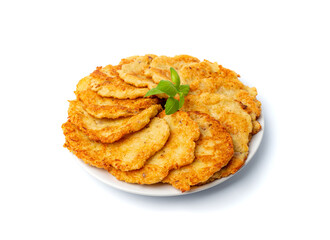 Potato Pancakes, Draniki, Deruny, Potato Latkes, Latkas, Irish Cakes, Raggmunk or Boxties Isolated on White