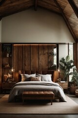A wooden bedroom setting. luxury king bed with a luxury pillows.