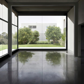 Contemporary empty interior, concrete walls and big windows. 3d render, mock up for furniture placement