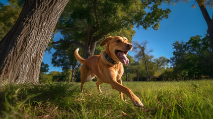 Joyful Sprint: Exuberant Dog Enjoying a Sunny Day Outdoors AI-Generative