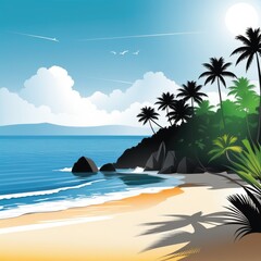 Fototapeta na wymiar Illustration of tropical beach with palms, sea and blue sky. Generative AI