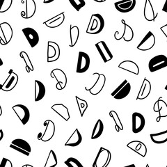 Black and white seamless pattern with the letter D in various styles, hand lettering.
