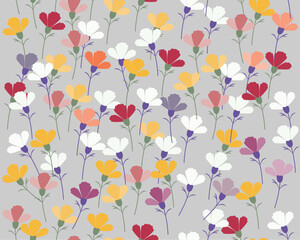 Seamless pattern with bright multicolored flowers on a gray background. Vector illustration for wallpaper, fabric, textile design in minimalistic style